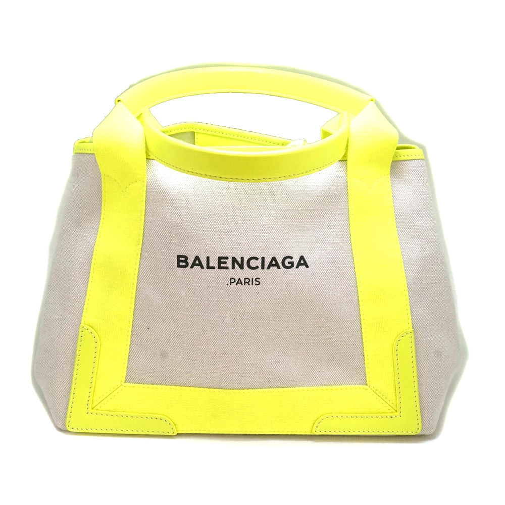 Balenciaga Navy Blue Cabas Handbag Neon Yellow Canvas Bag